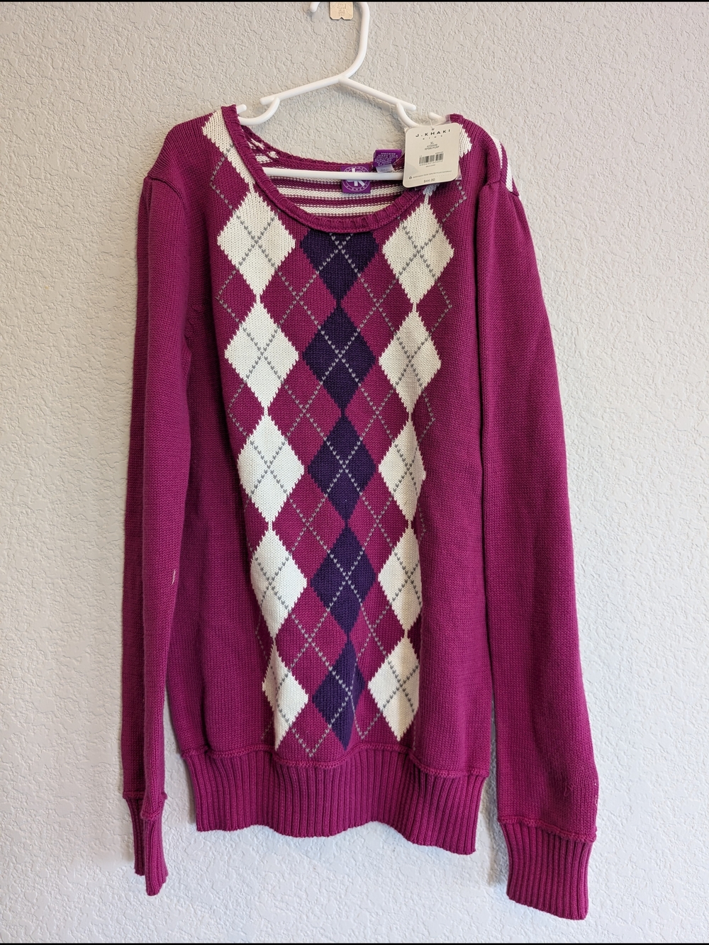 NWT J. Khaki Girl's Sz XL Fuchsia Argyle Preppy School Casual Sweater